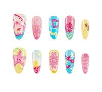 Press on Nails Almond,30Pcs 3D Stick on Nails for Women,Starfish Pink Flower Summer Lemon Strawberry Long French Tip False Nails Almond