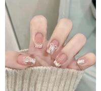 Press On Nails Almond False Nails Full Covers Nails Decors French Tips Bowknot Stick On Nails For Elegant Look 24Pcs