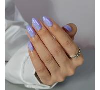 Press On Nails Almond - Findigit Glossy Soft Gel Press on Chrome Nail, Natural Fit Fake Nail with Glue On Nails in 16 Sizes - 32 Stick On Nail Kit, Purple Glazed