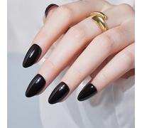 Press On Nails Almond - Findigit Short Black Press On Nails with Nail Glue, Natural Reusable Stick On False Nails in 16 Sizes - 30 Soft Gel Glue On Nails Kit, Spade A