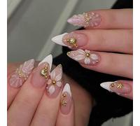 Press on Nails Almond - French Tip False Nails with Shell Star Design - Summer Flower Fake Nails With Glue - Full Cover Glossy Stick on Nails with for Women
