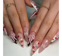 Press on Nails Almond - French Tip with Bows False Nails - Acrylic Nails Nude Pink Fake Nails with Pearl - 24 Pcs Long Stiletto False Nails with Glue - Full Cover Nail Tips Stick on Nails