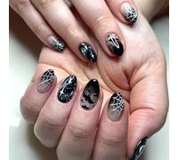 Press on Nails Almond - Halloween Fake Nails with Spider Web Bat Moon Crystal Design - 24Pcs Short False Nails with Glue - Glossy Acrylic Stick on Nails for Women Girls