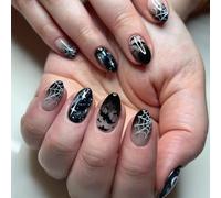 Press on Nails Almond - Halloween False Nails with Spider Web Bat Moon