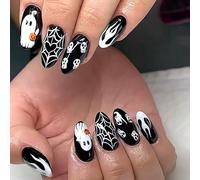 Press on Nails Almond Halloween - Halloween Fake Nails with Glue Ghost Spider Web - Press on Nails Short Removable - Black Acrylic Glossy Stick on Nails for Women