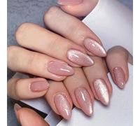 Press on Nails Almond Medium - 24PCS Cat Eye False Nails with Glue - Pink Glitter Fake Nails - Natural Fit Reusable Stick on Nails for Women Daily Wear, 12 Sizes