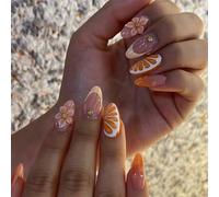 Press On Nails Almond Medium 3D Flower Fake Nails French Tip False Nail Acrylic 30Pcs