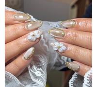 Press On Nails Almond Medium 3D Flower Fake Nails French Tip White False Nail 30Pcs