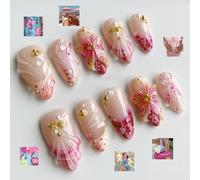 Press On Nails Almond Medium 3D Flower Fake Nails Pink False Nail 30Pcs