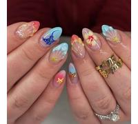 Press On Nails Almond Medium Beach Ocean Blue Fake Nails Dolphin Flower False Nail with Glue Tabs 30Pcs