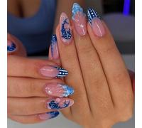 Press On Nails Almond Medium Beach Ocean Blue French Tip False Nail Dolphin Stick on Nail Kit 30Pcs