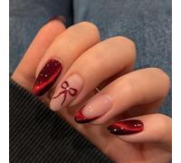 Press On Nails Almond Medium, Cat Eye Fake Nails Red with Bow French Tip Stick on Nail Kit 24Pcs for Women Gifts