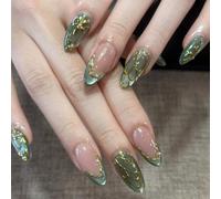 Press On Nails Almond Medium Fake Nail Cat Eye French Tip Icy Green False Nails 3D Metallic Stick on Nail Kit 24Pcs