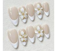 Press On Nails Almond Medium Fake Nails 3D Flower False Nail French Tip White Stick on Nail Kit 30Pcs