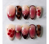 Press On Nails Almond Medium Fake Nails 3D Sculpting Red Flower False Nail Acrylic Nail Art for Women Gifts 30Pcs