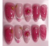 Press On Nails Almond Medium Fake Nails 3D Sculpting Rose Flower Blush False Nail Metallic Gold Line Nail Wraps 30Pcs