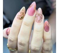 Press On Nails Almond Medium Fake Nails Cat Eye Pink False Nail 3D Metallic Gold Flower Stick on Nail Kit 30Pcs
