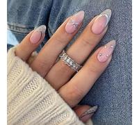 Press On Nails Almond Medium Fake Nails French Sliver Glitter Tip False Nail with Bow with Glue Tabs 24Pcs