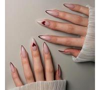 Press On Nails Almond Medium Fake Nails French Tip Wine Heart False Nail Nude Nail Wraps 24Pcs