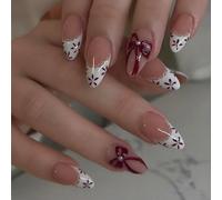 Press On Nails Almond Medium Fake Nails French White Tip False Nail with Bow Acrylic for Women Gifts 24Pcs
