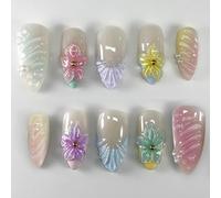 Press On Nails Almond Medium Fake Nails Light Pink Green Blue 3D Flower Handcrafted False Nail Wraps 30Pcs