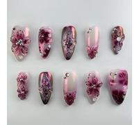 Press On Nails Almond Medium Fake Nails Metallic Chrome Purple False Nail 3D Sculpting Flower Stick on Nail 12 Sizes-30Pcs