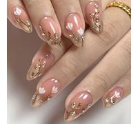 Press On Nails Almond Medium Fake Nails Metallic Gold 3D Floral Gradient Glitter False Nail Hand-Painted Nail Art 30Pcs