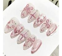 Press On Nails Almond Medium Fake Nails White Pink 3D Bow Heart False Nail Acrylic Nail Wraps 30Pcs