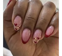 Press on Nails Almond Medium Fake Red Ombre False Art Tips with Heart 3D Bow Rhinestones Design Acrylic Full Cover Glossy Glue on for Women 24 Pcs