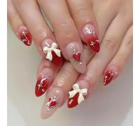 Press on Nails Almond Medium Fake Red Ombre False Art Tips with Heart 3D Bow Rhinestones Design Acrylic Full Cover Glossy Glue on for Women 24 Pcs