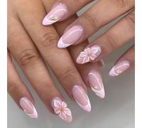 Press On Nails Almond Medium False Nail 3D Flower French Tip Pink False Nail 12 Sizes -30Pcs Damage-Free for Women Daily
