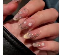 Press On Nails Almond Medium French Tip Fake Nails Cat Eye Rhinestones Flower False Nail Wraps 12 Sizes - 30Pcs