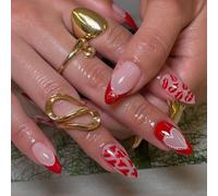 Press On Nails Almond Medium, French Tip Fake Nails Red Hearts Lips 10 Sizes - 24Pcs Lasting Wear Flexible