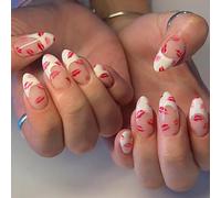 Press On Nails Almond Medium, French Tip Fake Nails White with Red Lips Glossy False Nail for Women Gifts 24Pcs