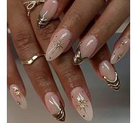 Press on Nails Almond Medium Length - 3D Line Star Design Fake Nails with Glue - 24 Pieces French Tip False Nails - Elegant Reusable Full Cover Stick on Nails for Women Nail Art Accessories,12 Sizes