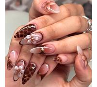 Press On Nails Almond - Medium Length False Nails with 3D Flower Leopard Print Design - Brown Fake Nails with Glue - Removable Acrylic Nails Stick on Nails