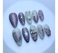 Press On Nails Almond Medium Purple Fake Nails 3D Star Moon Bow False Nail Stick on Nail Kit Hand-Painted 30Pcs