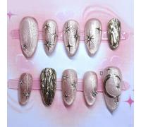 Press On Nails Almond Medium Star Moon Fake Nails Cat Eye 3D Metallic Sliver False Nail Acrylic Nail Art 12 Sizes - 30Pcs