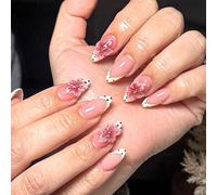 Press On Nails Almond Short French Tip Fake Nails 3D Floral Feminine False Nail Acrylic 30Pcs