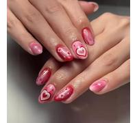 Press on Nails Almond Short Pink Ombré Heart Star INS False Nails with Glue Tabs Chip-Free with Flexi-Fit Technology for Party - 24 Pcs