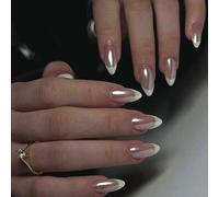Press on Nails Almond - White Aurora French Tip False Nails with Glue - 24Pcs False Nails Medium Length Stick on Nails - Glossy Acrylic Fake Nails Long Lasting for Women Girls