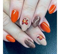 Press On Nails Autumn Maple Leaves Artificial Almond Fake With Glitters Design Full Cover Stick On Almond False Nail