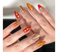 Press On Nails Autumn Maple Leaves Artificial Almond Fake With Glitters Design Full Cover Stick On Almond False Nail