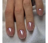 Press On Nails - Chrome Fake Nails Short Square - Glazed Nude Pink Short False Nails With Glue - Glitter Shine Aurora Coffin Acrylic nails - Removable Full Cover Stick On nails For Women DIY Nail Art