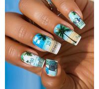 Press On Nails Coffin Fake Nails Glossy Stick On Coconuts Tree Full Covers False Acrylic Glues Press Nail Coffin Almond French Tip Nail