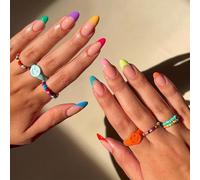 Press On Nails - Colorful French Tip False Nails - Short Medium Almond False Nails With Glue - Reusable Semi-Transparent Oval Neon Rainbow Fake Nails - Full Cover Stick On nails For Women DIY Nail Art