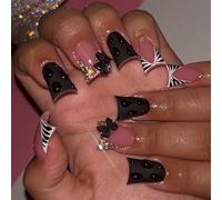 Press On Nails Duck Fake Nails French Tip False With Bows Designs Glossy Artificial Stick On 24Pcs Stick Nail With Rhinestones