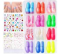 Press On Nails for Girls, 12 Style Ombre Glitter Press On Nails for Kids, 6 Sheet Star Strawberry Bow Flower Nail Stickers for Kids, Colorful 3D Gem Stickers Face Gems, Nail Art Kit for Girls