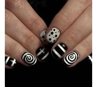 Press On Nails for Men Gothic Black Rock White Lines INS with Glue Tabs