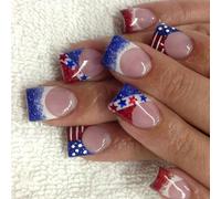 Press On Nails for Women, Glitter French Tips with Star Designs, 24Pcs Reusable Artificial Nails for Independence Day, Parties, Weddings - Easy Application & Long